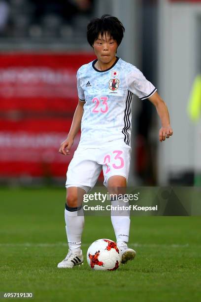 Nana Ichise of Japan runs with the ball during the Women's International Friendly match between Belgium and Japan at Stadium Den Dreef on June 13,...