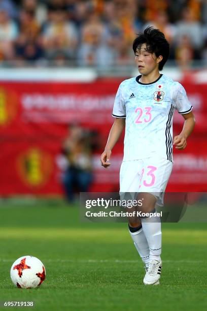 Nana Ichise of Japan runs with the ball during the Women's International Friendly match between Belgium and Japan at Stadium Den Dreef on June 13,...