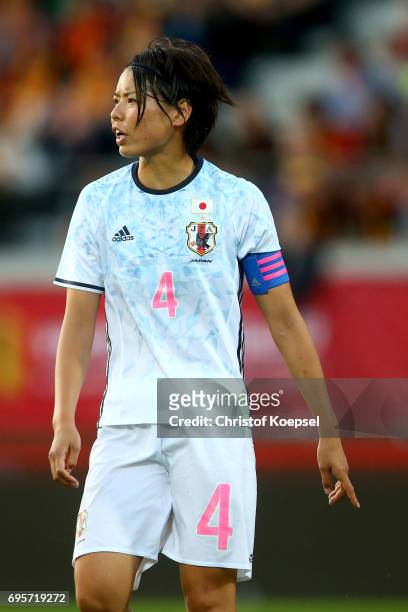 Saki Kumagai of Japan is seen during the Women's International Friendly match between Belgium and Japan at Stadium Den Dreef on June 13, 2017 in...
