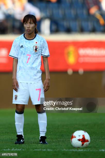 Emi Nakajima of Japan runs with the ball during the Women's International Friendly match between Belgium and Japan at Stadium Den Dreef on June 13,...