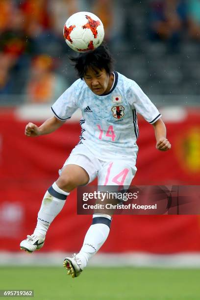 Yu Nakasato does a header during the Women's International Friendly match between Belgium and Japan at Stadium Den Dreef on June 13, 2017 in Leuven,...