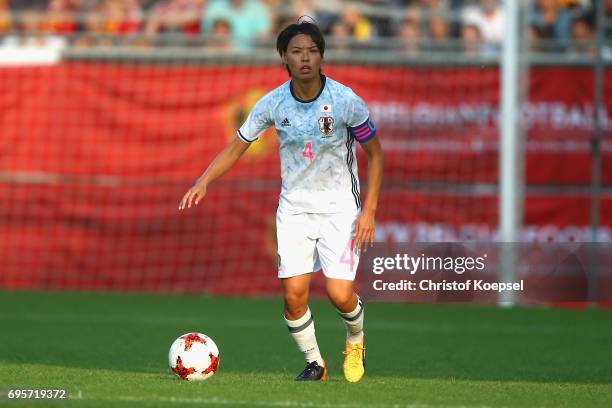 Saki Kumagai of Japan runs with the ball during the Women's International Friendly match between Belgium and Japan at Stadium Den Dreef on June 13,...