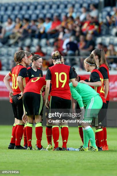 The team of Belgium comes together prior to the Women's International Friendly match between Belgium and Japan at Stadium Den Dreef on June 13, 2017...