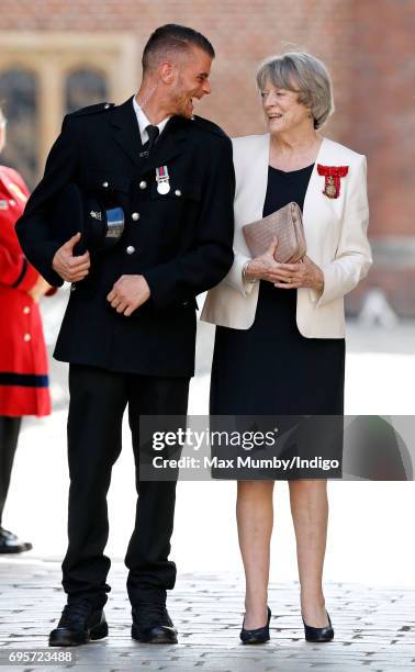 Dame Maggie Smith arrives to attend Evensong at the Chapel Royal Hampton Court Palace, to celebrate the Centenary of the founding of the Companions...