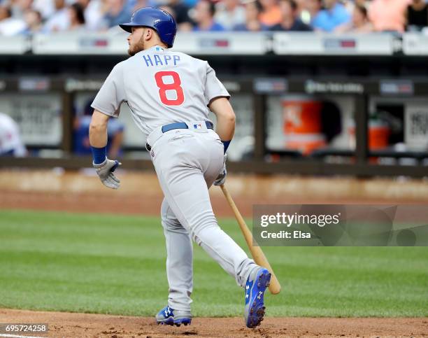 Ian Happ of the Chicago Cubs hits a grand slam in the second inning against the New York Mets on June 13, 2017 at Citi Field in the Flushing...