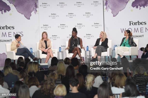 Lydia Polgreen, Suzanne Kounkel, Bozoma Saint John, Gwynne Shotwell and Elaine Welteroth seen on stage during the 2017 Forbes Women's Summit at...