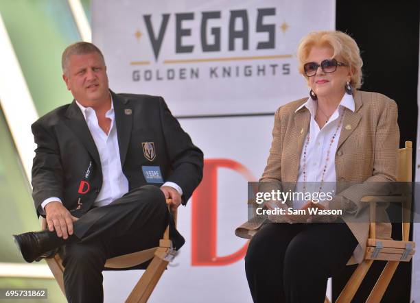 The D Las Vegas CEO Derek Stevens and Las Vegas Mayor Carolyn Goodman attend an announcement at the Fremont Street Experience on June 13, 2017 in Las...