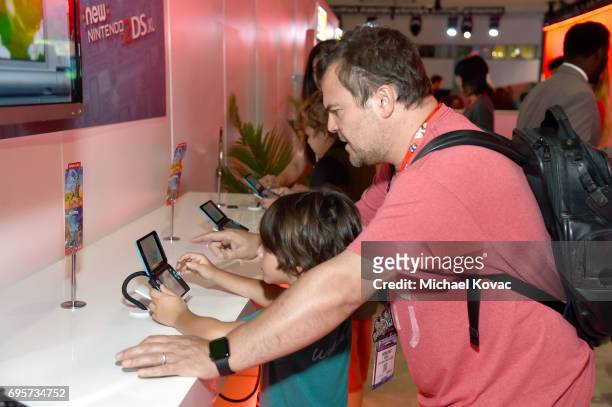 Comedian Jack Black visits the Nintendo booth at the 2017 E3 Gaming Convention at Los Angeles Convention Center on June 13, 2017 in Los Angeles,...