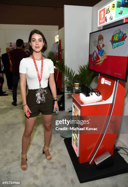 Actress Adelaide Kane visits the Nintendo booth at the 2017 E3 Gaming Convention at Los Angeles Convention Center on June 13, 2017 in Los Angeles,...