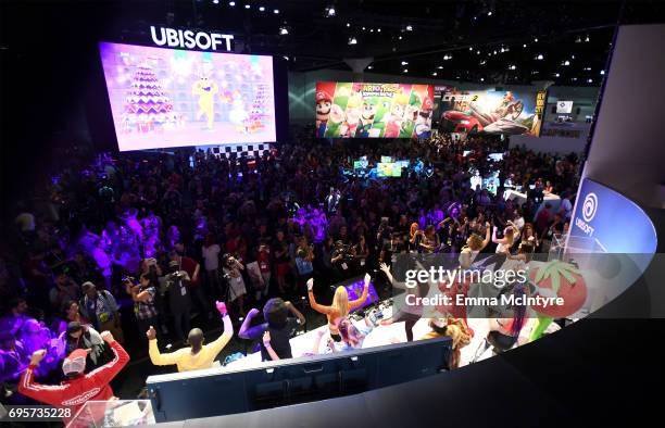 Dancers perform onstage for Just Dance 2018 during E3 2017 at Los Angeles Convention Center on June 13, 2017 in Los Angeles, California.