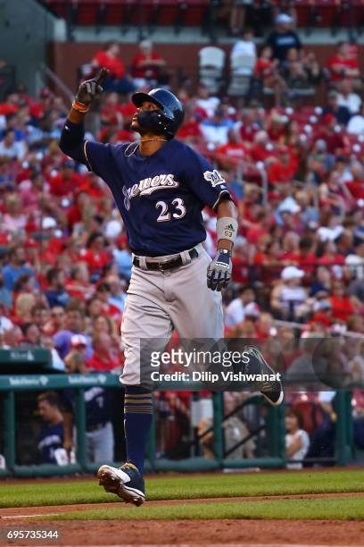Keon Broxton of the Milwaukee Brewers celebrates after hitting a solo home run at Busch Stadium on June 13, 2017 in St. Louis, Missouri.