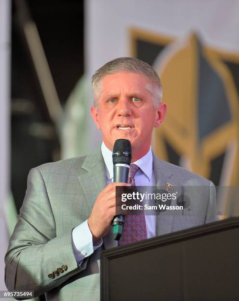 Vegas Golden Knights President Kerry Bubolz speaks at an announcement at the Fremont Street Experience on June 13, 2017 in Las Vegas, Nevada. The...