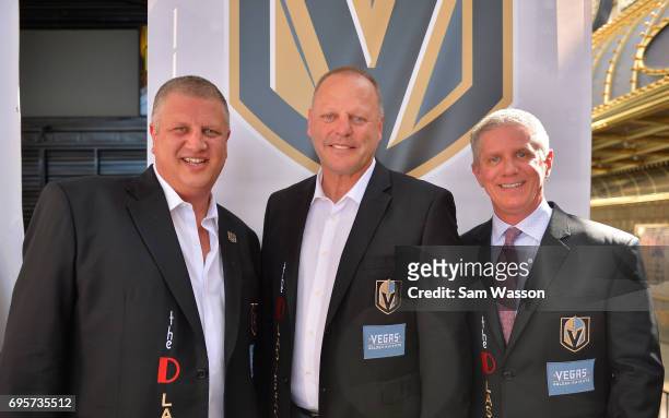 The D Las Vegas CEO Derek Stevens, Vegas Golden Knights head coach Gerard Gallant and Vegas Golden Knights President Kerry Bubolz attend an...