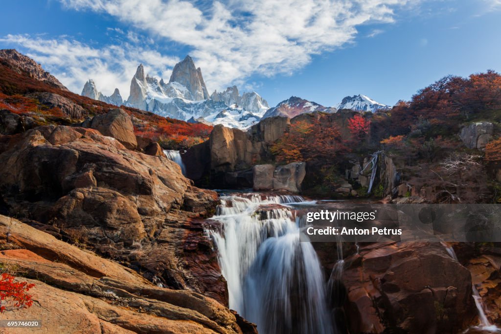 Beautiful view with waterfall and Fitz Roy mountain. Patagonia, Argentina