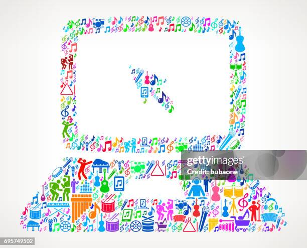 laptop-musik und musikalische feier vektor icon hintergrund - piktogramm collage stock-grafiken, -clipart, -cartoons und -symbole