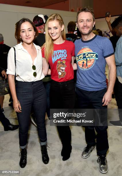 Actress Zelda Williams, model Lydia Hearst and comedian Chris Hardwick visit the Nintendo booth at the 2017 E3 Gaming Convention at Los Angeles...