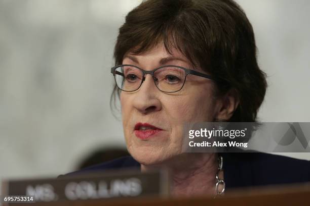 Sen. Susan Collins speaks during a hearing before the Senate Intelligence Committee June 13, 2017 in Washington, DC. Attorney General Jeff Sessions...