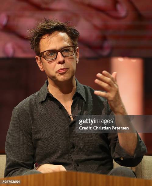 Film director James Gunn attends a keynote discussion about building worlds across entertainment mediums during the Electronic Entertainment Expo E3...