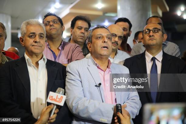 Khaled El-Balshy , the head of the Freedom Committee of the Journalists' Syndicate speaks to media as he attends a protest that staged against...