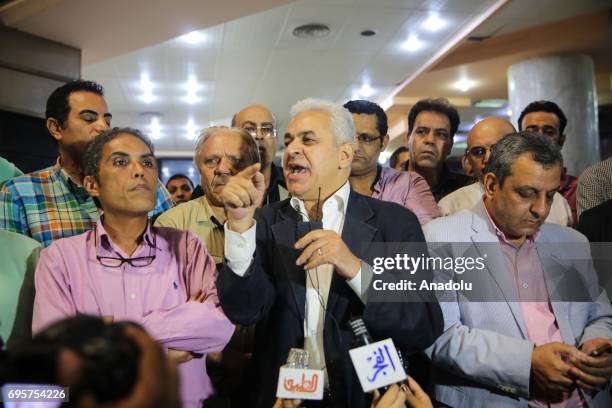 Hamdeen Sabahi , former presidential candidate and journalist speaks to media as he attends a protest that staged against approval of a maritime...