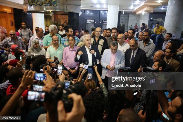 Hamdeen Sabahi , former presidential candidate and journalist speaks to media as he attends a protest that staged against approval of a maritime...