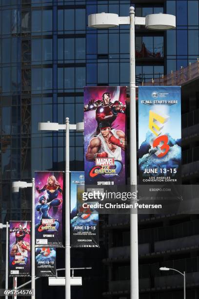 Banners are displayed during the Electronic Entertainment Expo E3 at the Los Angeles Convention Center on June 13, 2017 in Los Angeles, California.