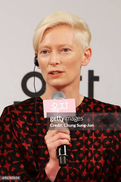 Tilda Swinton attends the official press conference after Korea Red Carpet Premiere of Netflix release 'Okja' at the Four Seasons on June 14, 2017 in...