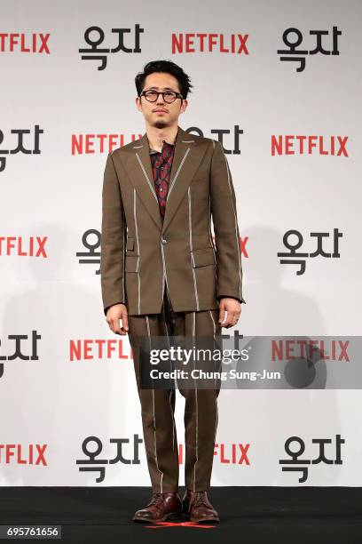 Steven Yeun attends the official press conference after Korea Red Carpet Premiere of Netflix release 'Okja' at the Four Seasons on June 14, 2017 in...