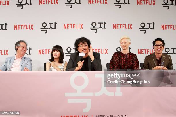 Bong Joon Ho, Byun Heebong, An Seo Hyun, Tilda Swinton and Steven Yeun attend the official press conference after Korea Red Carpet Premiere of...