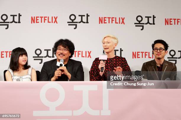 An Seo Hyun, Bong Joon Ho, Tilda Swinton and Steven Yeun attend the official press conference after Korea Red Carpet Premiere of Netflix release...