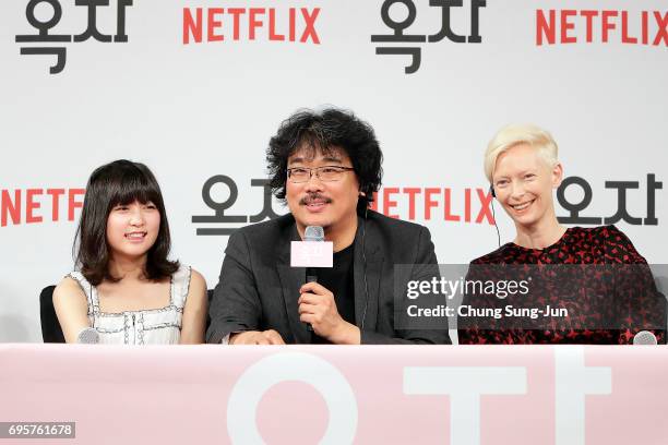 Bong Joon Ho, Tilda Swinton, An Seo Hyun attend the official press conference after Korea Red Carpet Premiere of Netflix release 'Okja' at the Four...