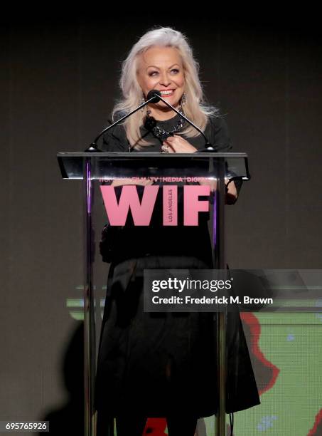 Presenter Jacki Weaver, wearing Max Mara, speaks onstage at the Women In Film 2017 Crystal + Lucy Awards presented By Max Mara and BMW at The Beverly...