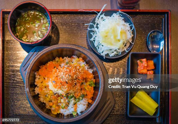 mixed rice dish on table in seoul, south korea. - dried herring stock pictures, royalty-free photos & images