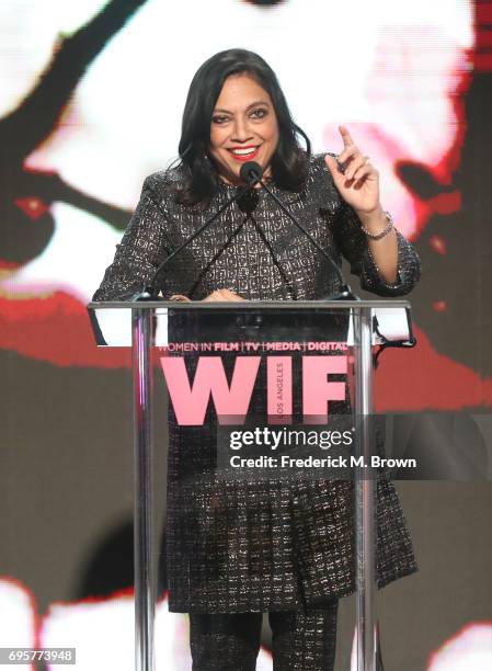 Director and The BMW Dorothy Arzner Directors Award Honoree Mira Nair, wearing 'S Max Mara, speaks onstage at Women In Film 2017 Crystal + Lucy...