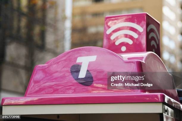 Telstra logo is seen outside the Telstra Melbourne headquarters on June 14, 2017 in Melbourne, Australia. Telecommunications company Telstra is...