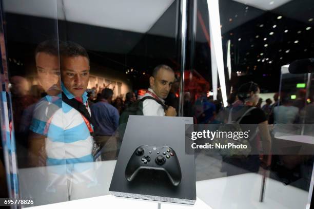 The new XBox One X is displayed during E3, Electronic Entertainment Expo, in Los Angeles, California on June 13th, 2017. E3 is the world's leading...