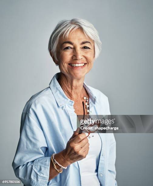 just be confident and content with whatever comes your way - portrait white hair studio stock pictures, royalty-free photos & images
