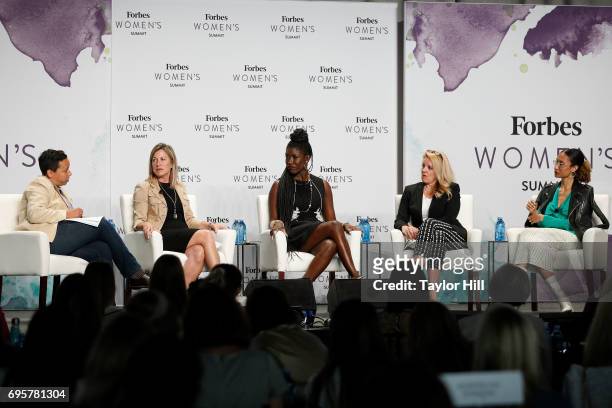 Lydia Polgreen, Suzanne Kounkel, Bozoma Saint John, Gwynne Shotwell, and Elaine Welteroth speak during the 2017 Forbes Women's Summit at Spring...