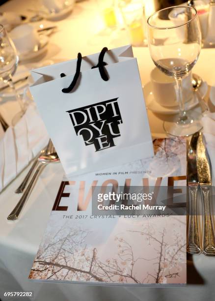 The gift bag is displayed at Women In Film 2017 Crystal + Lucy Awards presented By Max Mara and BMW at The Beverly Hilton Hotel on June 13, 2017 in...