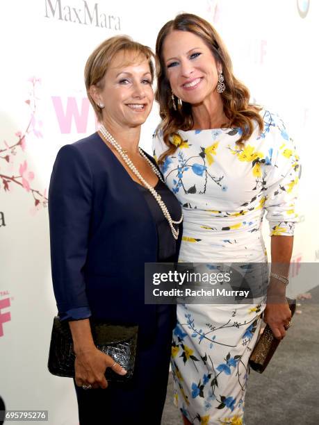 Actrees Gabrielle Carteris and President of Women In Film Cathy Shulman, both wearing Max Mara, at Women In Film 2017 Crystal + Lucy Awards presented...