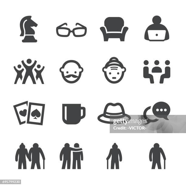 ilustraciones, imágenes clip art, dibujos animados e iconos de stock de iconos sociales de personas mayores - acme serie - coffee outside