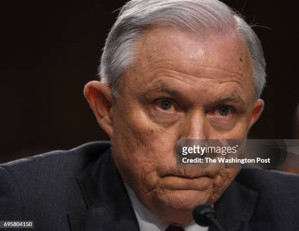 Attorney General Jeff Sessions listens to a question as he testifies in an open hearing before the Senate Intelligence Committee, on June 2017 in...