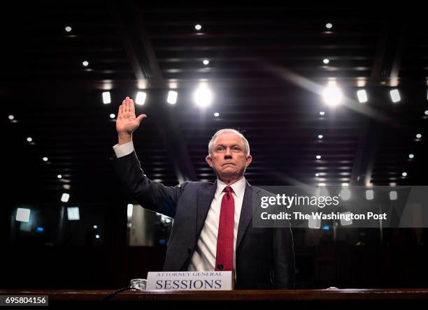 Attorney General Jeff Sessions is sworn in before an open hearing of the Senate Intelligence Committee, on June 2017 in Washington, DC.