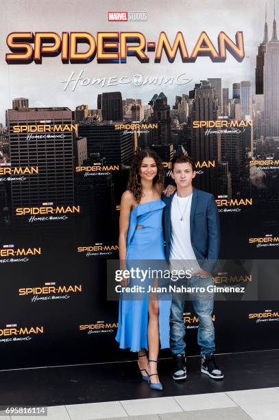 Tom Holland and Zendeya attend 'Spider-Man: Homecoming' photocall at Villa Magna Hotel on June 14, 2017 in Madrid, Spain.