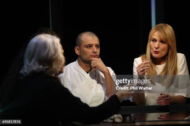 Futurists Derek Handley and Frances Valintine on the TVNZ set of "What Next" on June 14, 2017 in Auckland, New Zealand. Nigel Latta and John Campbell...