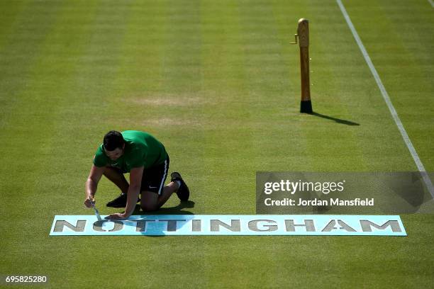 Groundstaff prepare the courts ahead of the start of play on day three of the Aegon Open Nottingham at Nottingham Tennis Centre on June 14, 2017 in...