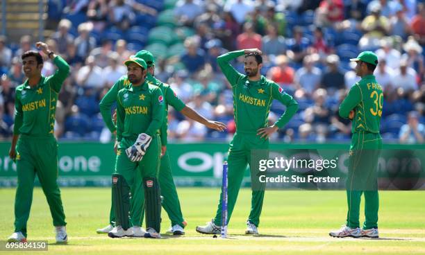 Pakistan bowler Junaid Khan reacts after a review against Bairstow is turned down during the ICC Champions Trophy semi final between England and...