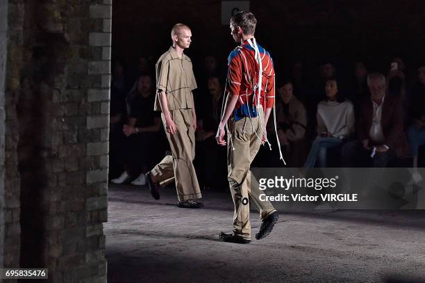 Model walks the runway at the Craig Green fashion show during the London Fashion Week Men's June 2017 Spring Summer 2018 collections on June 12, 2017...