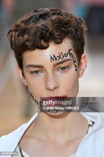 Model walks the runway at the Vivenne Westwood fashion show during the London Fashion Week Men's June 2017 Spring Summer 2018 collections on June 12,...