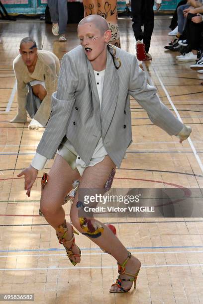 Model walks the runway at the Vivenne Westwood fashion show during the London Fashion Week Men's June 2017 Spring Summer 2018 collections on June 12,...